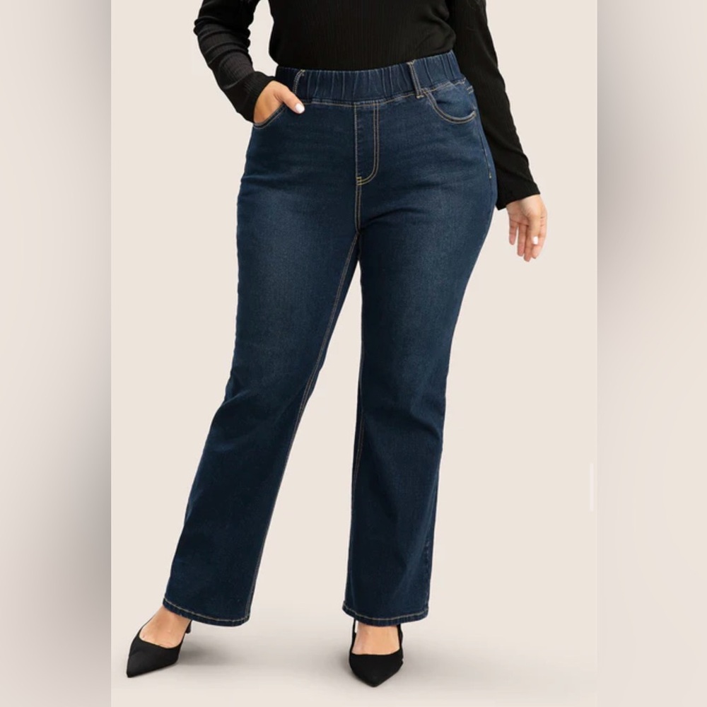 Bloomchic Solid Elastic Waist Pocket Full Length Jeans